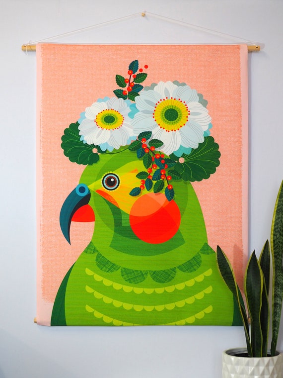 Fabric wall hanging, Kea with daisy crown, W5