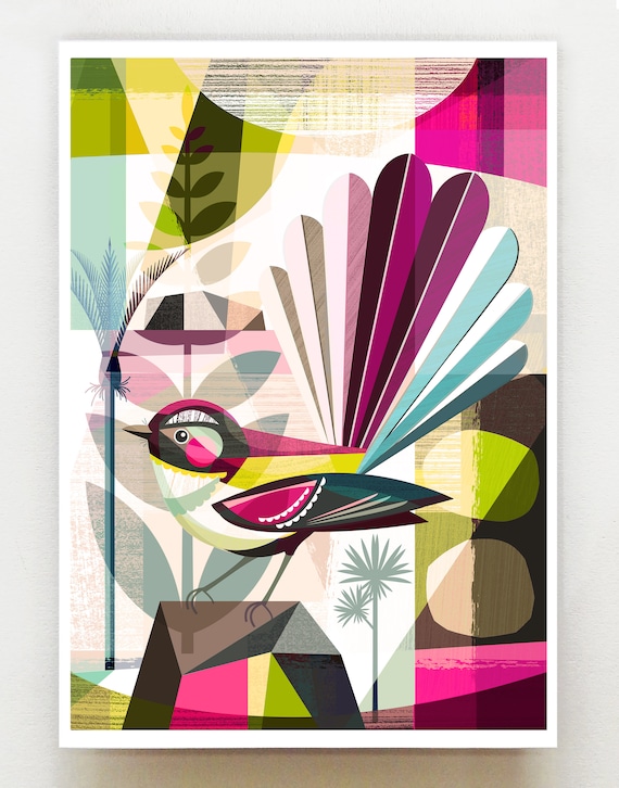 Piwakawaka, magenta summer, print, NZA142