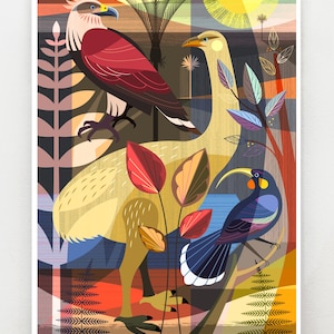May include: A vibrant art print depicting stylized birds and plants. The image shows a red and white eagle, a tall yellow bird, and a blue bird with a long beak. The background features geometric shapes and a sun.