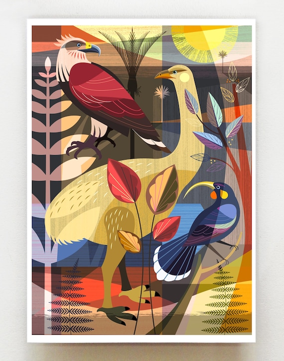 Moa, Haast Eagle and Huia, New Zealand, print, NZA221