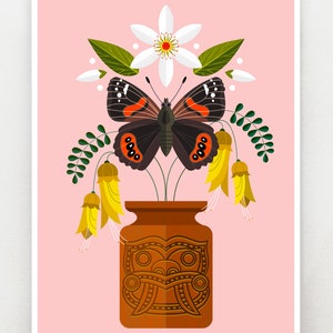 New Zealand Admiral butterfly, Kowhai flowers, Clematis flower, retro vase, print NZA187