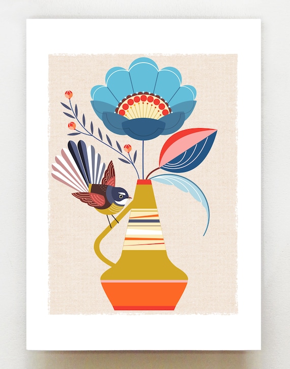 New Zealand, Piwakawaka and Camellia with mid century vase print, NZA219