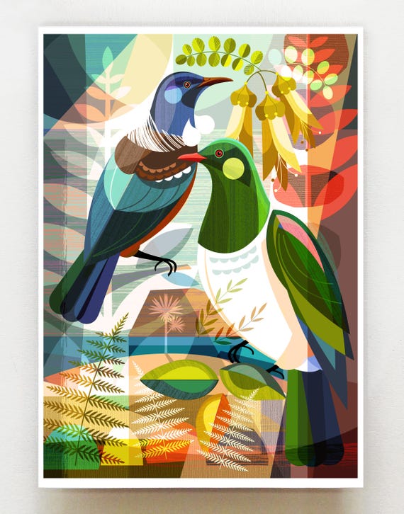 New Zealand Kereru and Tui, print, NZA206