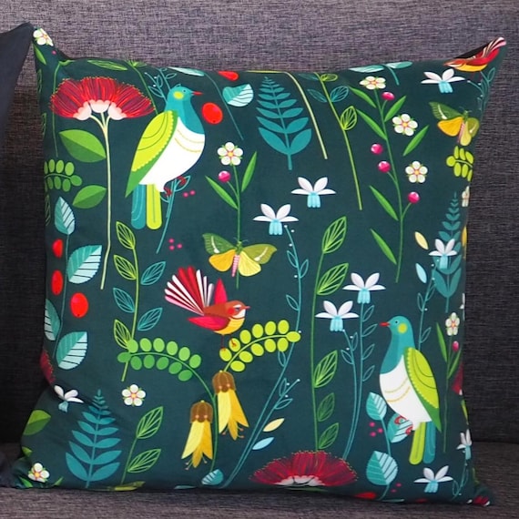 New Zealand, birds and flowers on emerald green, cushion cover, C13