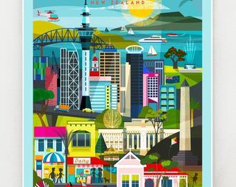 May include: A colorful illustration of Auckland, New Zealand, featuring the city's skyline, including the Sky Tower, harbor, and surrounding buildings. The illustration is in a retro style with bright colors and geometric shapes.