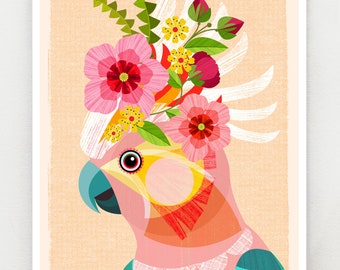 May include: A pink cockatoo with a yellow crest and a crown of pink, red, and yellow flowers. The bird has a turquoise and white patterned chest.