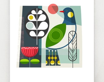 Retro series, Kereru, print, NZA157