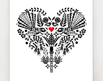 Piwakawaka, or New Zealand Fantail, in a black and white heart, print, NZA23