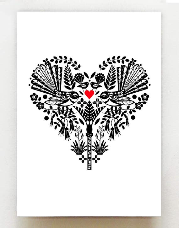 Piwakawaka, or New Zealand Fantail, in a black and white heart, print, NZA23