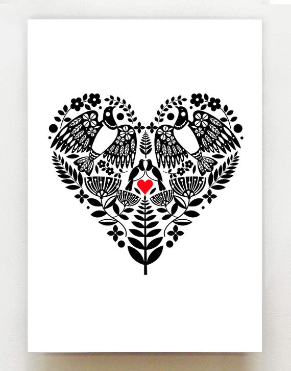 New Zealand Kereru in a black and white heart with red print, NZA12