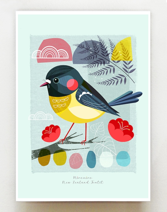 Small birds of New Zealand, Miromiro, Tomtit, print, NZA183