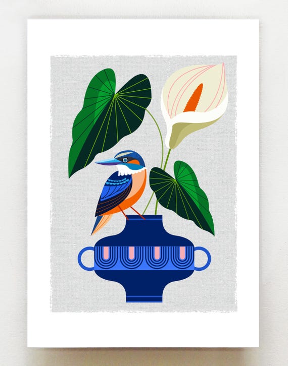New Zealand Kingfisher with Arum Lily, print, NZA218