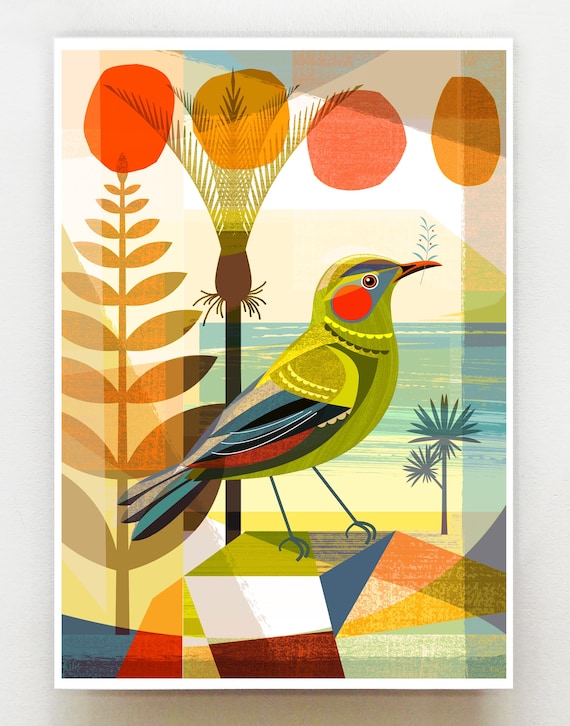 New Zealand native Bellbird, Korimako, print, NZA222