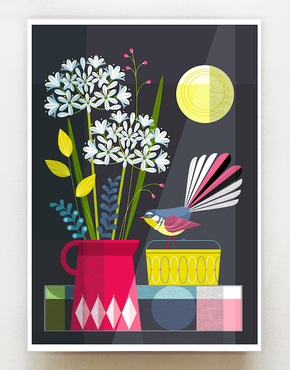 New Zealand Piwakawaka with Agapanthus in a red jug, print, NZA204