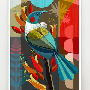 New Zealand Tui in Flax, print, NZA7