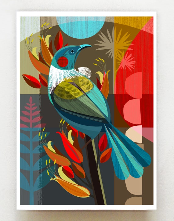 New Zealand Tui in Flax, print, NZA7