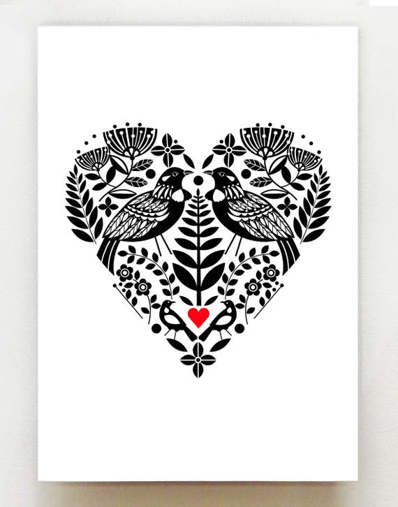 New Zealand Tui, black and white heart, with bright red, print, NZA36