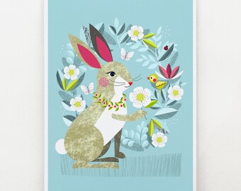 Pretty rabbit and Piwakawaka, print, DES43