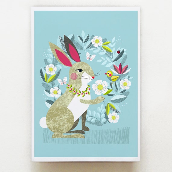 Pretty rabbit and Piwakawaka, print, DES43