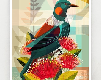 New Zealand, Tui in Pohutukawa, print, NZA124