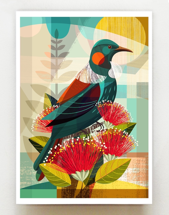 New Zealand, Tui in Pohutukawa, print, NZA124