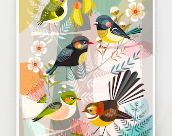 New Zealand mini birds, print, NZA176