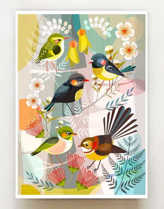 New Zealand mini birds, print, NZA176