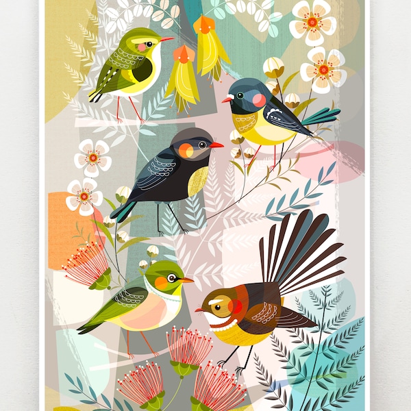 New Zealand mini birds, print, NZA176