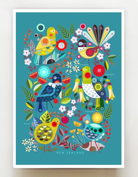 New Zealand Flora and Fauna on blue, NZA115
