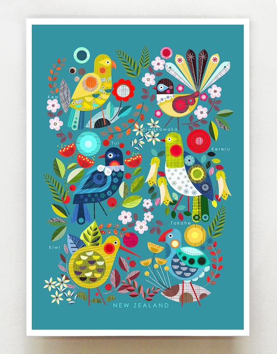 New Zealand Flora and Fauna on blue, NZA115