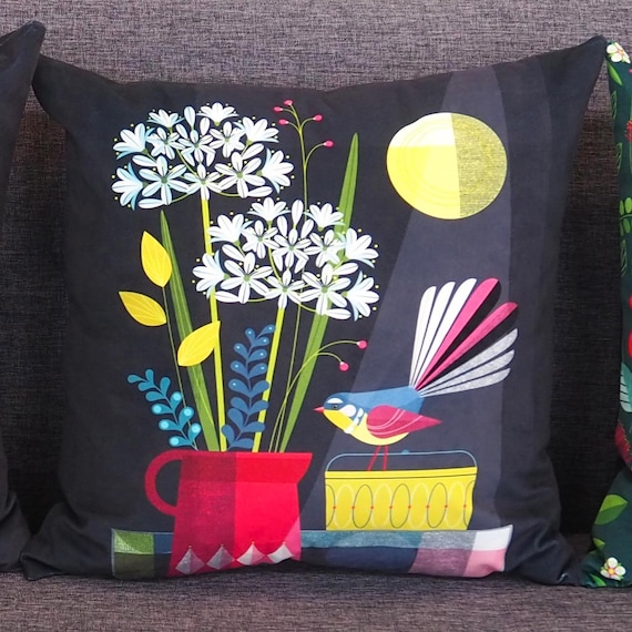 New Zealand, Piwakawaka with retro vase, cushion cover, C12