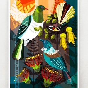Amigos da floresta, pássaros e flores da Nova Zelândia, estampado, NZA81