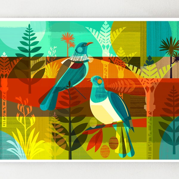 Landscape, New Zealand Kereru and Tui, print, NZA15