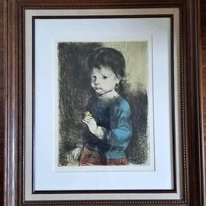 Stor vintage etsning av pojke som håller gul kanariefågel