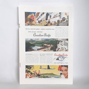 Pubblicità stampata della rivista d'epoca Canadian Pacific Railway del 1950 - effimera di carta - scrapbooking - collezionabile sui treni - Canadiana