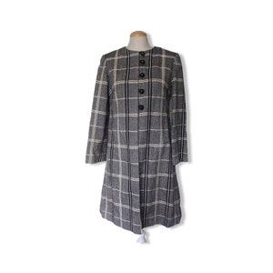1960s black and cream plaid wool tweed dress coat - size L or US 10 - UK 14 -EU 42