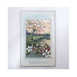 1912 Antike geprägte Good Luck Postkarte - - floral mit silbernem Gruß
