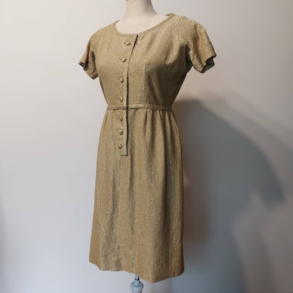 leslie fay gold dress 1950s Original Lurex Shift - Size US 4/6 O S/M color_Earth Tones