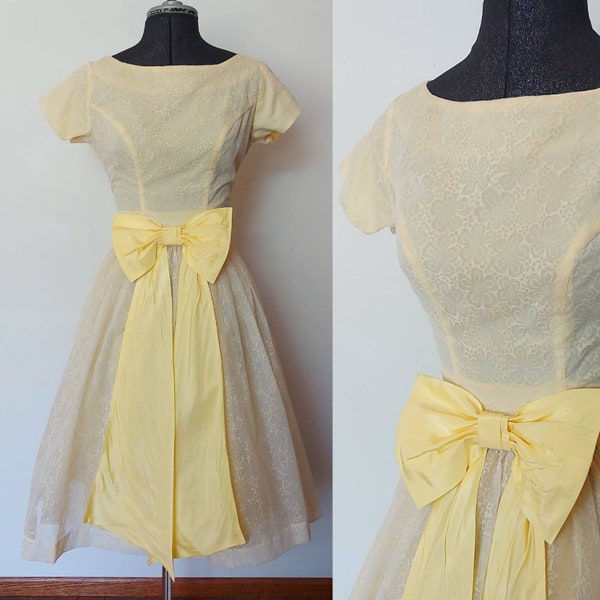 1950s Zarnett of Toronto pale yellow New Look party dress with oversized bow - size XSmall or US 0 | UK 4 | EU 32