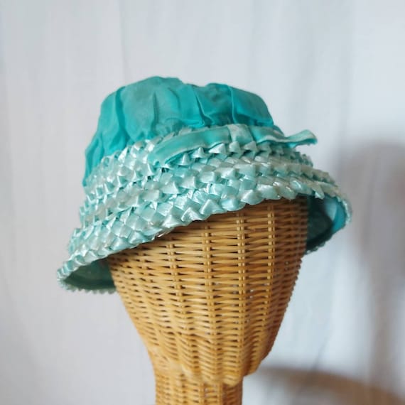 1950s turquoise peach basket hat in chiffon and r… - image 1