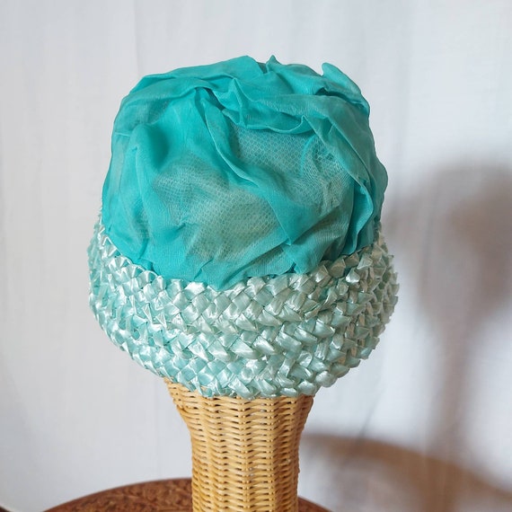 1950s turquoise peach basket hat in chiffon and r… - image 9