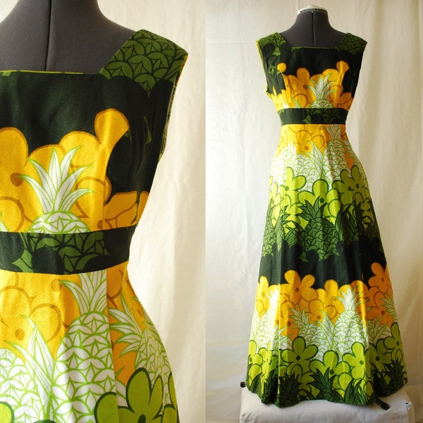 vintage 60s hawaiian green and yellow pineapple floral maxi dress by Sears