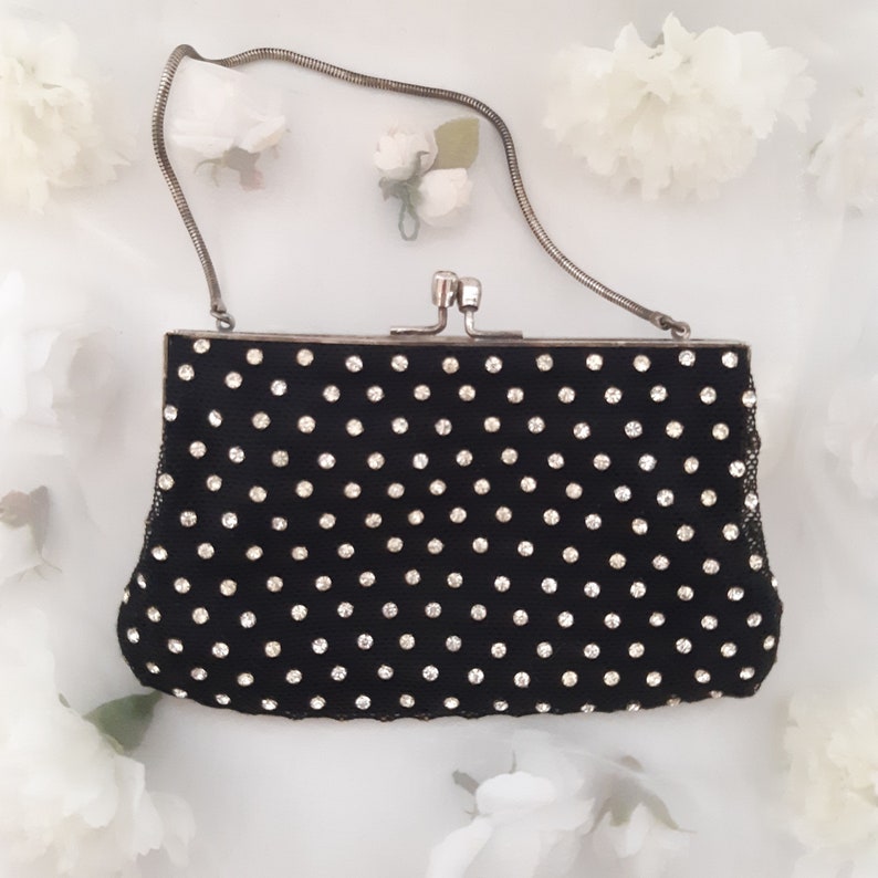 Black rhinestone studded evening purse vintage 1950s Etsy