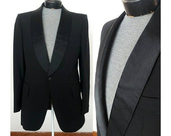 Blazer smoking en laine noire homme des années 1970 avec revers satiné - veste formelle - tenue de soirée - taille 40 Regular - mariage vintage