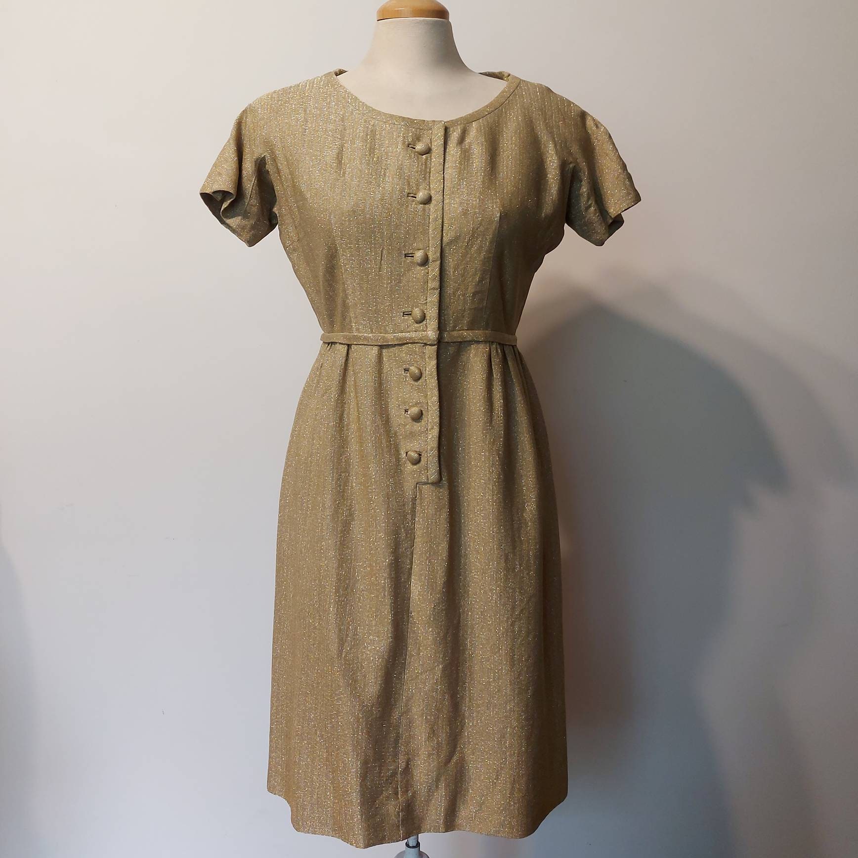 1950s Leslie Fay Original Gold Lurex Shift Dress - Size US 4/6 O S/M