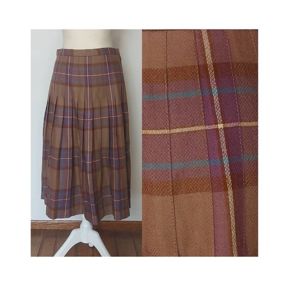 1970s Impromptu wool pleated tartan skirt in brow… - image 1
