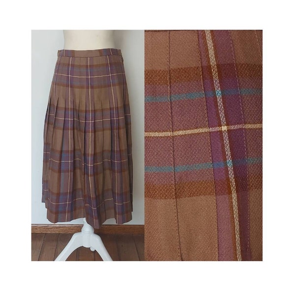 1970s Impromptu wool pleated tartan skirt in brown, purple and teal blue - size 30" waist - Medium - US 6 | UK 10 | EU 38 - schoolgirl plaid