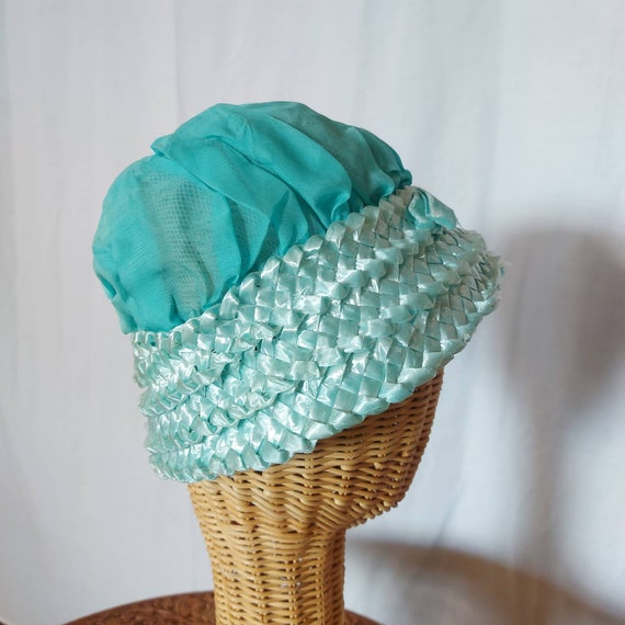 1950s turquoise peach basket hat in chiffon and r… - image 6