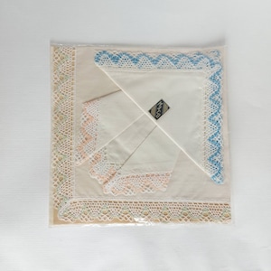 Mid century maco Egyptian cotton handkerchiefs with bobbin lace - set of 3 - New in package/NOS - pink blue green