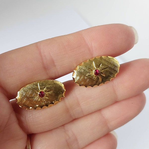 Mid century goldtone with red rhinestone oval cufflinks